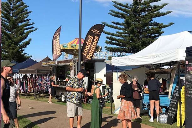 The Harbourside Markets in Coff's Harbour on a busy, sunny Sunday morning.