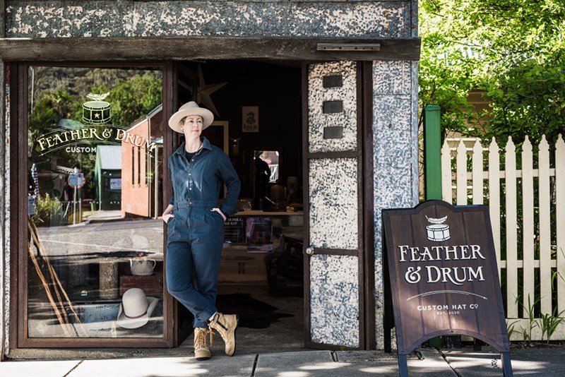 Cat Leahy outside Feather and Drum Hat Co in Yackandandah, regional Victoria.
