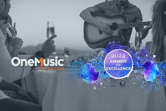 Black and white background image of a musician performing at a restaurant. OneMusic logo. Text reads: 2024 Awards for Excellence.